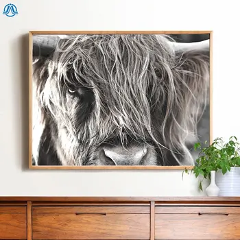Nordic Highland Cow Poster Cattle Print Black White Animal Art Canvas Painting Wall Picture for Living Room Home Decor No Frame