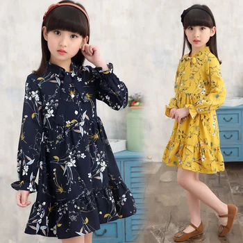Nowa dziecięca jesienna odzież kwiatowe sukienki od 3 do 12 lat dzieci Vestidos Enfant żółty biały z długim rękawem koreańskie sukienka dla dziewczynek
