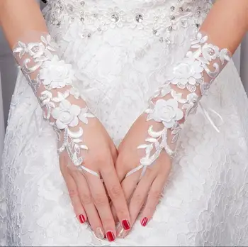 Nowe rękawiczki ślubne operowej długości koronkowe rękawiczki ślubne w kolorze kości słoniowej z koronki perła koraliki kryształki Gants Mariage Femme One Size