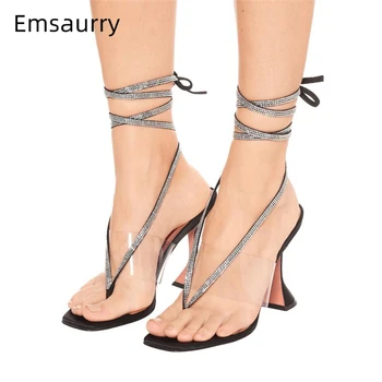 Nowy projekt lato kostki owinąć sandały kobiety sexy Puchar obcas PVC przezroczysty rhinestone luksusowe satynowe buty kobieta