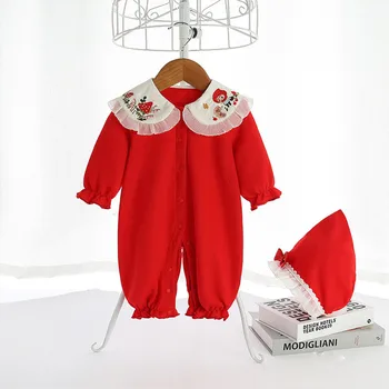 Odzież dla dziewczynek bawełna Peter Pan kołnierz haft noworodków kombinezon kombinezony dla Dzieci z kapeluszem z długim rękawem czerwony odzież 0-2Y