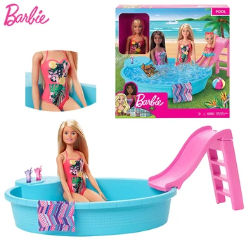 Oryginalna lalka Barbie basen letni Playset z zjeżdżalnią i akcesoria, zabawki dla dziewczynek prezenty dla dzieci Bonecas lalki moda kostium kąpielowy