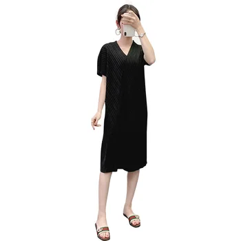 Ostatnie lato 2020 kobieca sukienka Miyake Dress Fashion duży rozmiar elastyczny V-neck boho chic dress tweed plis dla eam 89030