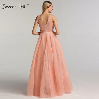 Peach Deep-V Beach Sexy suknie wieczorowe diamenty kwiaty ręcznie robione koronki suknia wieczorowa 2020 Serene Hill LA60867