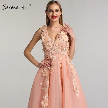 Peach Deep-V Beach Sexy suknie wieczorowe diamenty kwiaty ręcznie robione koronki suknia wieczorowa 2020 Serene Hill LA60867