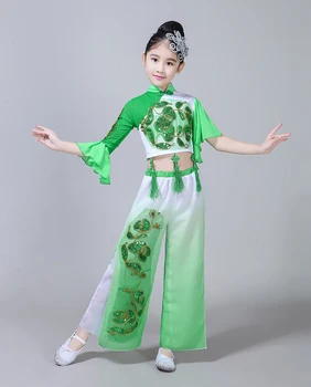 Plac klasyczna Fan dance odzież dziewczyna Yangko Dance Costuem Kids Umbrella Dance Performance Costume Chiński taniec ludowy tkaniny