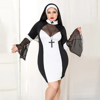Plus rozmiar przezroczysty kostium zakonnicy cosplay seksowna bielizna hollow gorąca erotyczna noc sukienka bal Przebierańców fabularna forma