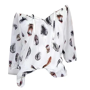 Plus rozmiar szyfonowa bluzka dla kobiet w 2019 rękawy pióro druku duży rozmiar tunika top lato Sexy Femme V-neck biała bluzka top koszulka