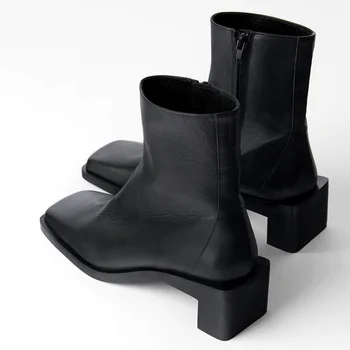Prosty design marki buty damskie nowe skóra naturalna wysokiej jakości zamek botki kwadratowy nosek czarne modne buty damskie buty