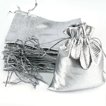 QIFU 100szt 7x9 9x12cm srebrna złota metalowa folia, tkanina organza worki dekoracje ślubne prezenty rzemiosło cukierki pakowanie torby