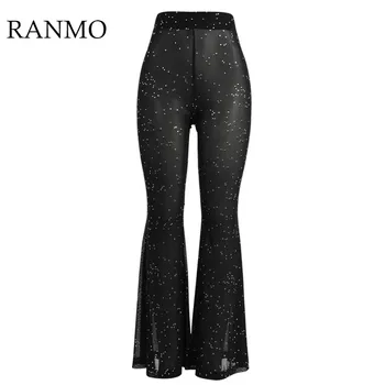 RANMO 2020 nowe kryształki diamentowe netto spodnie Damskie sexy letnie hollow przezroczyste temat długie ażurowe spodnie, slipy, Spodnie