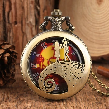 Retro brąz Nightmare before Christmas zegarek łańcuch Tim Burton Jack Szkieleton wisiorek prezenty Relojes de bolsillo