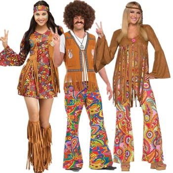 Retro lat 60-tych 70-tych hipisów cosplay karnawał kostium na Halloween dla mężczyzn kobiet fantazyjne przebranie odzież partia frędzlami rodzimy klub nocny