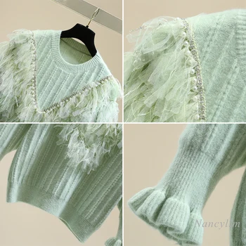 Rhinestone pędzelkiem Potargane dzianiny top 2020 jesień i zima koreański styl luźna siatki łączenie koraliki sweter damski sweter