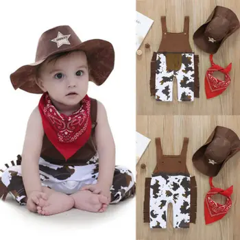 Romper niemowląt Baby Boy strój Kowboj zestaw sukienki suwaki Dick kowbojski kapelusz + ślina ręcznik formalny garnitur 3szt