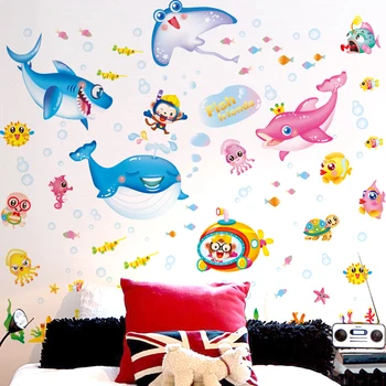 Ryby zwierzęta naklejki na ściany DIY morskie trawy rośliny naklejki na ścianę dla dziecka, pokój Dziecięcy Sypialnia Łazienka dekoracji domu