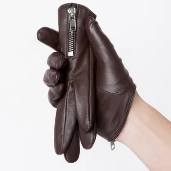 Rękawiczki męskie z naturalnej skóry moda klasyczny krótki boczny styl zamek prawdziwa skóra owcza czarny ekran dotykowy zima ciepła