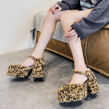 Sexy Leopard Na Obcasie Pompy Okrągły Nosek Obcas Szeroki Mary Obuwie Damskie Wodoodporne Platforma Zapatos De Mujer 2020