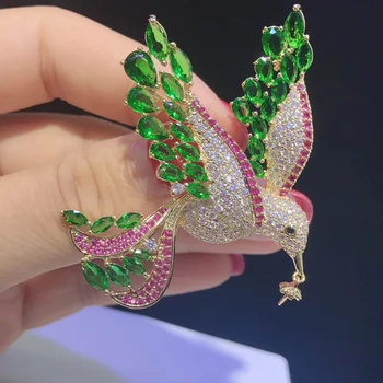 SHANICE luksusowa Zielona ptak pełna Kryształ cyrkonia broszki modny fabryka Pearl broszka duże szpilki hiperbola etniczny prezent