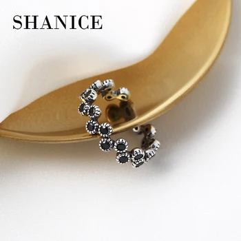 SHANICE Wave Shape moda biżuteria ze srebra modne pierścionki dla kobiet z czarnym kamieniem punk chłodny żeński palec przez cały Ringen