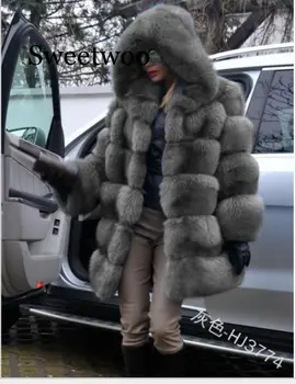 Sweetwoo moda sztuczne futro płaszcz kobiety z długim sztuczny Lisie futro kurtka kaptur pełny rękaw zima gruba
