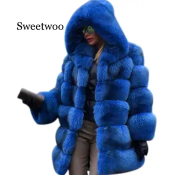Sweetwoo moda sztuczne futro płaszcz kobiety z długim sztuczny Lisie futro kurtka kaptur pełny rękaw zima gruba
