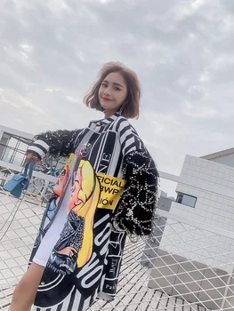 Tajlandia styl Harajuku kreskówka Bluzka dla kobiet, bluzki i topy 2019 brokat pędzelkiem koszule z długim rękawem damski sweter LT534S50