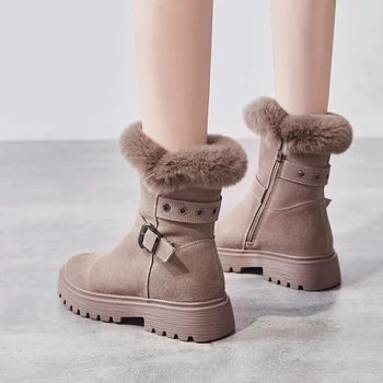 Tide Snow Boots damskie zimowe buty, ciepłe, miękkie, grube pluszowe botki z klamrą, przeciwpoślizgowa podeszwa boczny zamek błyskawiczny czarny khaki