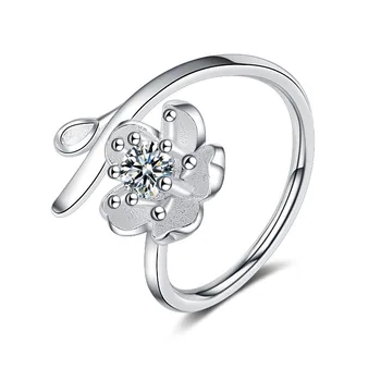 TJP New Fashion 925 Silver Rings For Women Wedding Party Adjustable Cute Pink Crystal Stone Flower Girl Bride Finger Rings Bijou