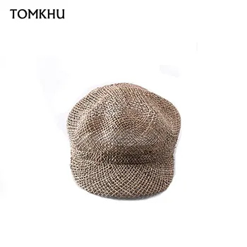 TOMKHU New Straw Sun Hats Newsboy Cap Women Baker Boy Hat Female Khaki British Style Retro Designer Brand Summer Ośmioboczna Cap