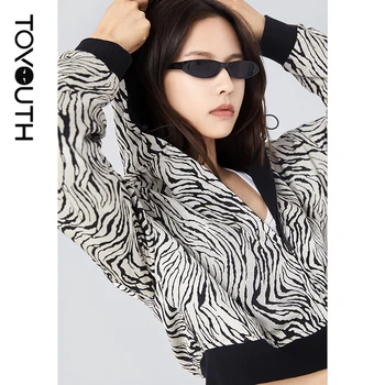 Toyouth Women Crop Top Zip Up Z Kapturem Vintage Zebra Print Jacket Black Reversible Tops