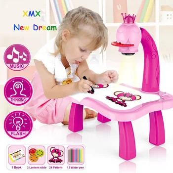 Trace and Draw Projector Toy Kids Drawing Projector Table Child Learning Desk with Smart Projector with Light Music GK99
