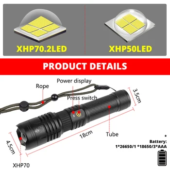 TRLIFE High Power XHP50/70.2 Akumulator latarka led Power Brightness taktyczna latarka USB Torch lampa na kempingu