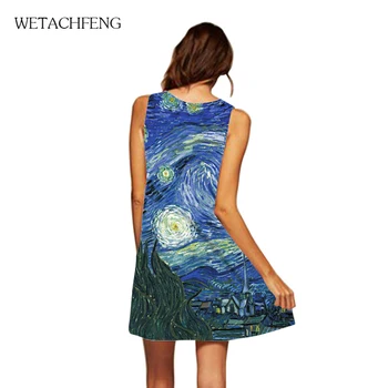 Van Gogh Print Gwiaździste Niebo Bing Satynowa Sukienka Letnia 2020 Nowy Obiekt, W Plażowym Artystycznej Sukienkę Bez Rękawów Mini Party Klub Nocny Vingate Dress