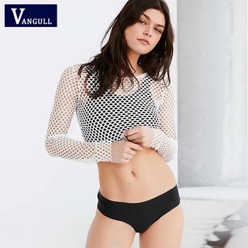 Vangull Sexy Mesh Top 2020 New Summer Long Sleeve T Shirt Women Kabaretki Top O-neck Hollow tshirt Fashion Short Bottom Tops