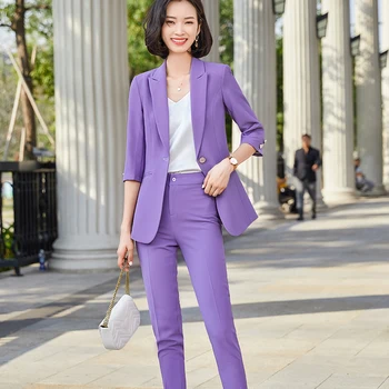 Wiosenny damski elegancki OL kobiece spodnie garnitur błękitny fioletowy marynarka i spodnie biznes-lady kurtka 2 szt. komplet plus rozmiar S-4XL