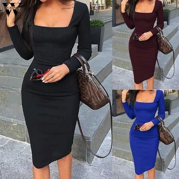 Womail Dress Women 2019 Vintage Solid Square Neck Long Sleeve Party Dresses Elegant Workwear Casual holiday Dress Evening 827