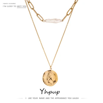 Yhpup nowy łańcuch ze stali nierdzewnej laminowaną naszyjnik moda moneta portret Naszyjnik dla kobiet elegancki naturalne perły biżuteria prezent