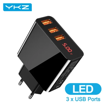 YKZ 3 Port USB Charger Adapter LED Display EU Plug The Max 3.0 A Smart Fast Charging Mobile Wall Charger for iPhone iPad Y35