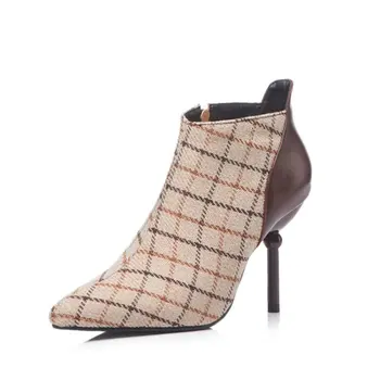 ZawsThia 2020 zimowe tweed komórkowe komórkowe buty na wysokim obcasie eleganckie damskie czółenka modne botki dla kobiet plus rozmiar 33-48 damskie buty