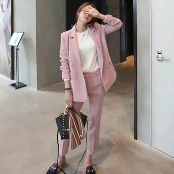 Zestaw dwuczęściowy damski nowy styl był cienki dwurzędowy temperament różowy mały garnitur OL kurtka + codzienne eleganckie dziewięć spodni