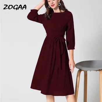 ZOGAA 2020 elegancka kobieca sukienka moda Wysoka Talia Midi Dress OL Casual Bow Party Vestidos Dress Plus Size Solid Multi Colors