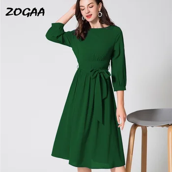 ZOGAA 2020 elegancka kobieca sukienka moda Wysoka Talia Midi Dress OL Casual Bow Party Vestidos Dress Plus Size Solid Multi Colors