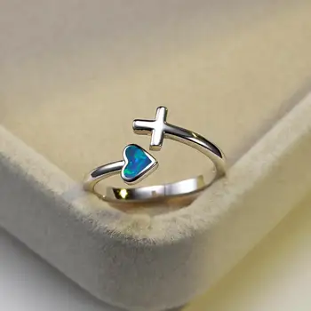 Ładny Damski Niebieski Opal Kamień Pierścień Klasyczny Kolor Srebrny Delikatny Pierścionek Zaręczynowy Drogie Sercu Krzyż Regulowane Obrączki Dla Kobiet